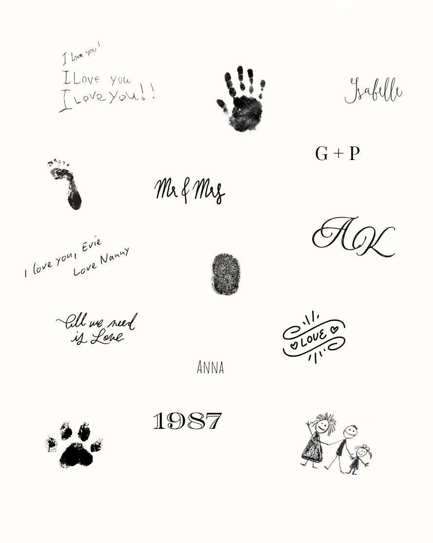 Examples of custom engraving including handwriting, fingerprints, footprints, initials and drawings on fine jewelry at The Sparkle Bar Edmonton
