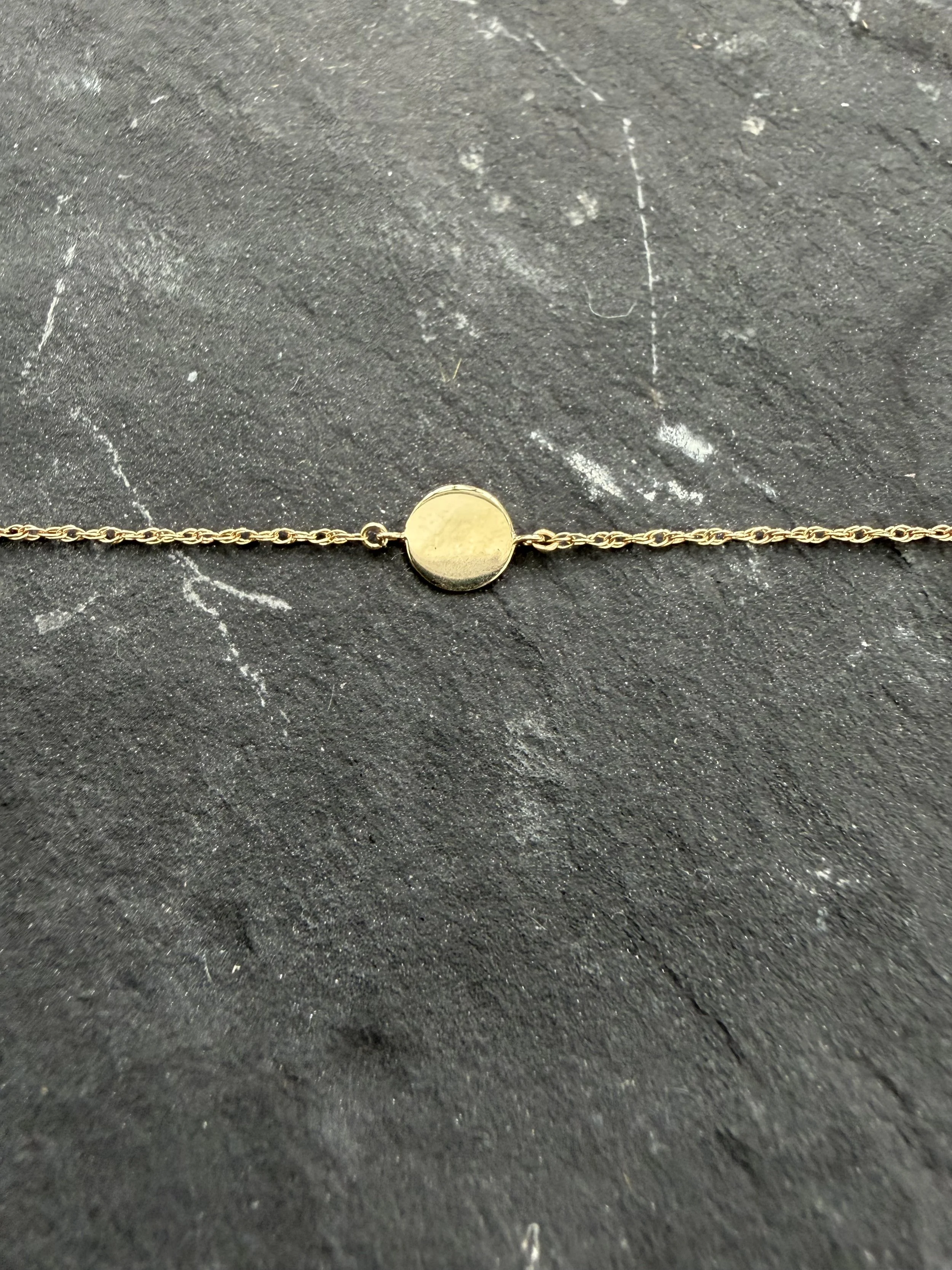 14k gold engravable disc connector on fine chain, simple round connector for personalized jewelry