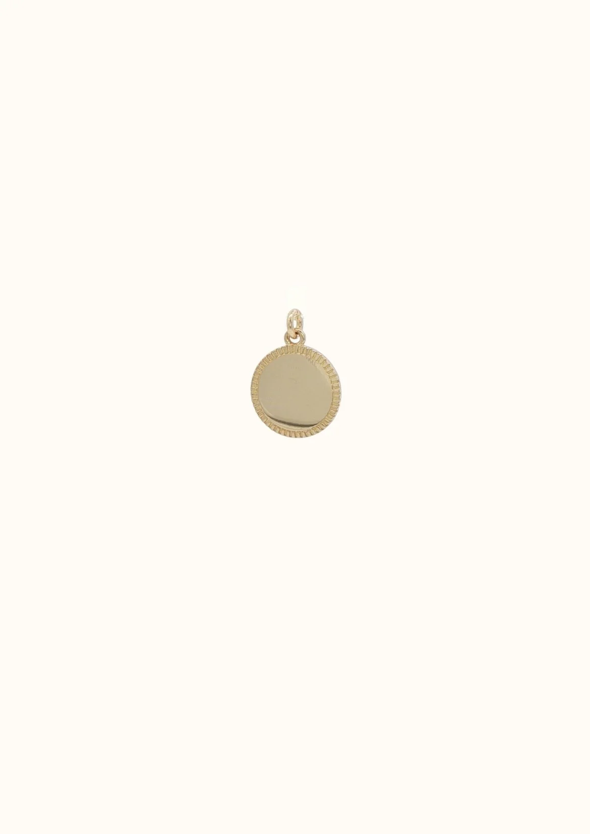 14k gold engravable round disc charm with textured edge, designed for custom engraving