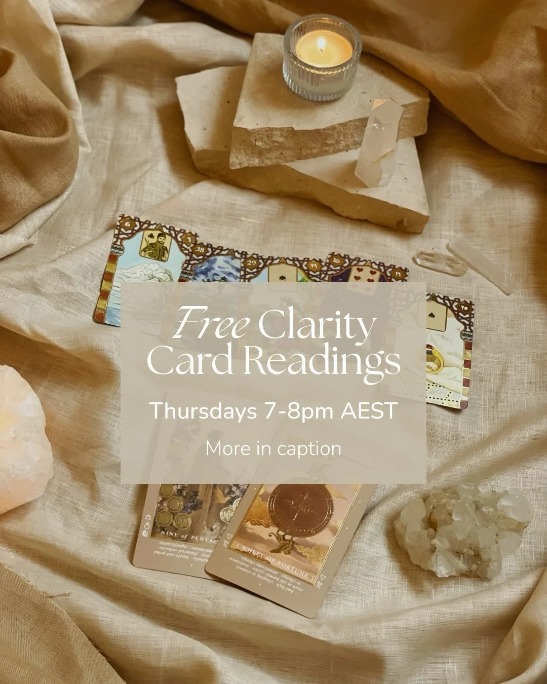 If you&rsquo;ve been sitting with a question or feeling unsure about something, these sessions are for you ✨

My Mini Clarity Readings are held every Thursday at 7pm AEST and offer a short, focused card reading to help bring perspective and clarity a