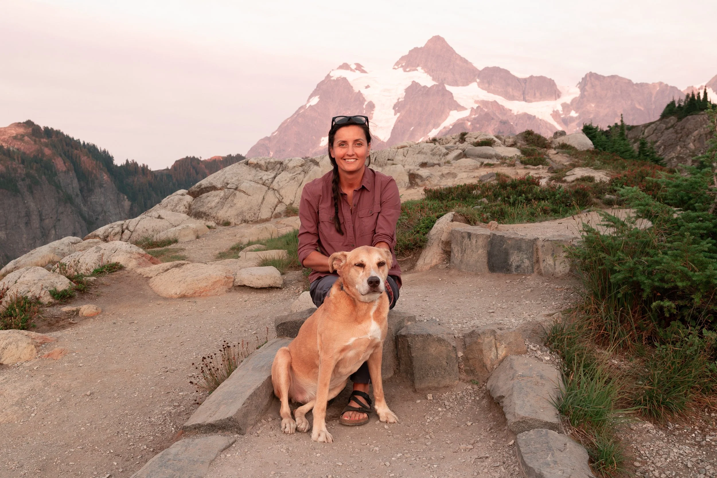 Washington micro wedding photographer at Mt. Baker during sunset, sitting with her dog and purple skies