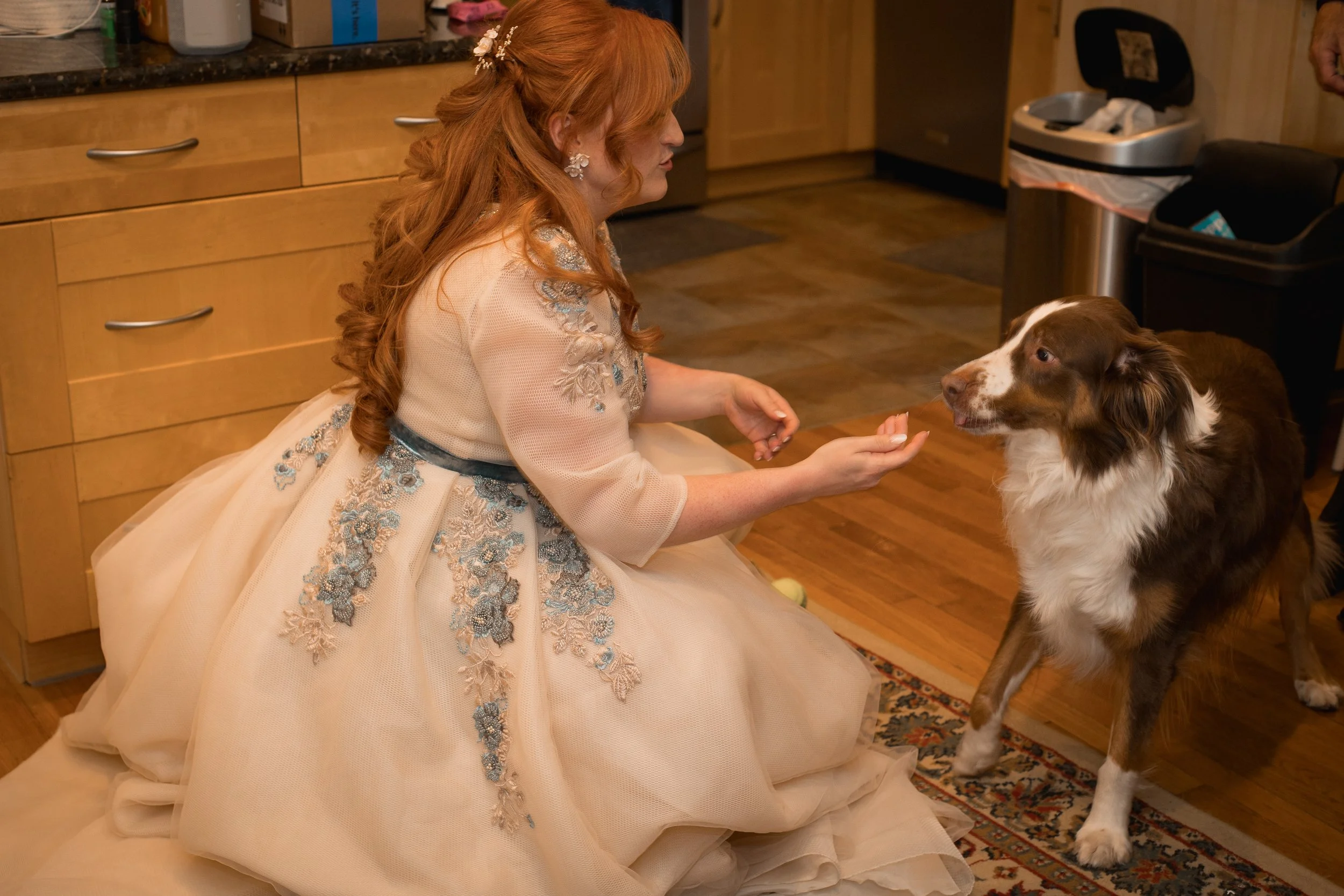 A woman in a fancy dress is sitting on the floor, feeding a dog indoors in a kitchen.