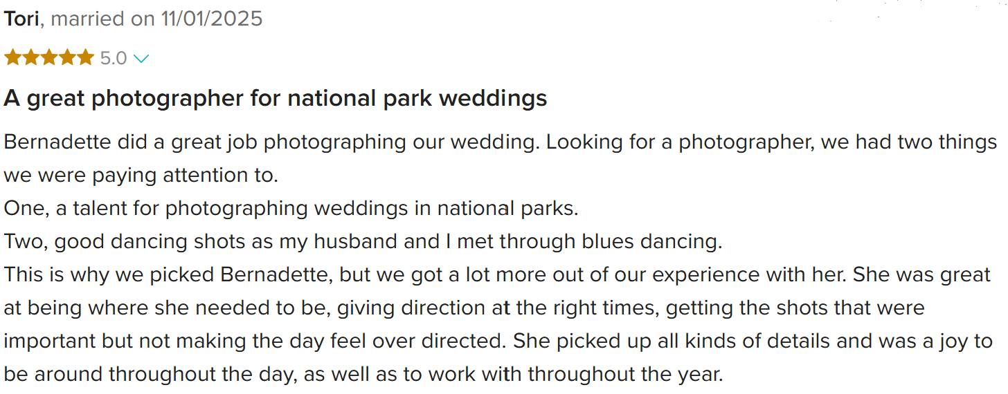 Screenshot of a review for a wedding photographer named Bernadette, praising her work at national park weddings and describing her skills and professionalism.
