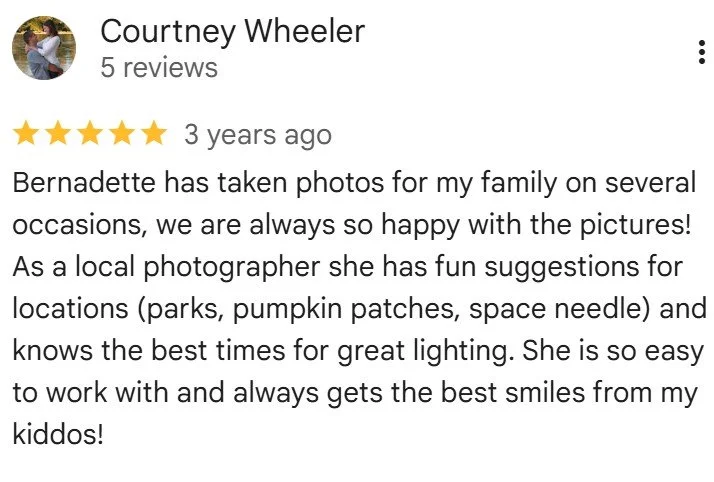 Review by Courtney Wheeler praising a local photographer, Bernadette, for taking family photos at various outdoor locations with good lighting and easy collaboration.