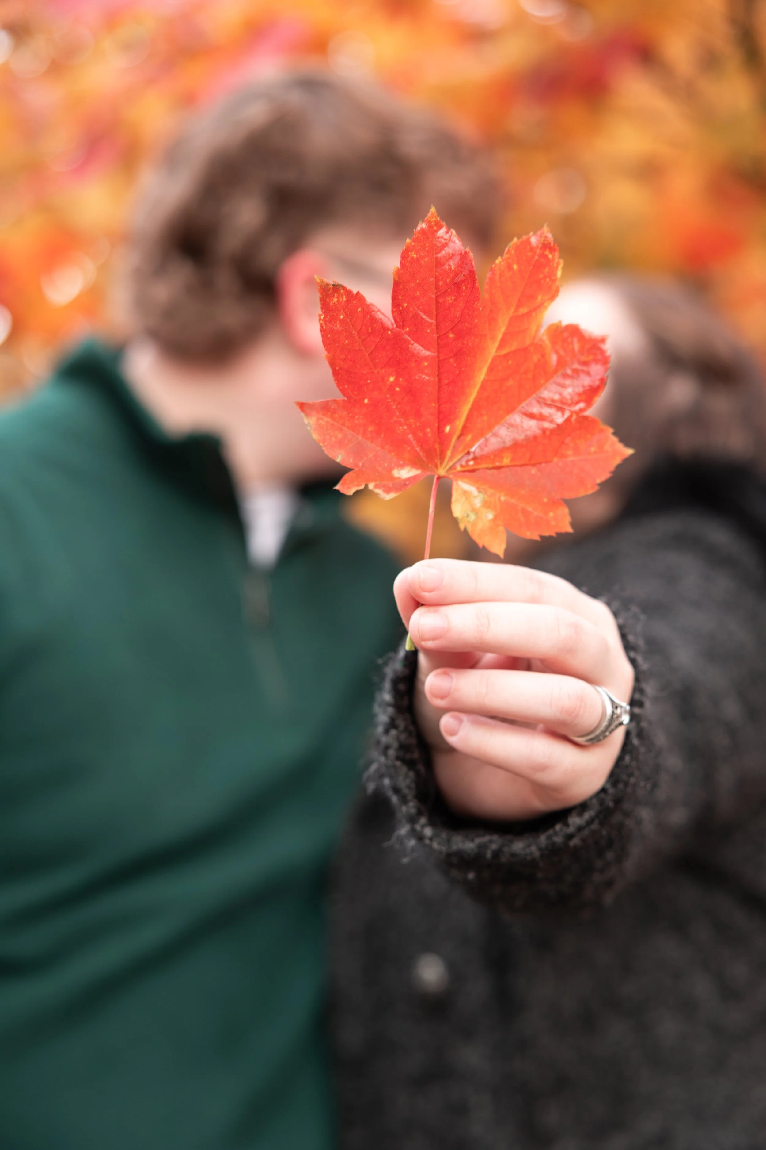Engaged couple kissing behind a red leaf that she is holding up in Leavenworth WA