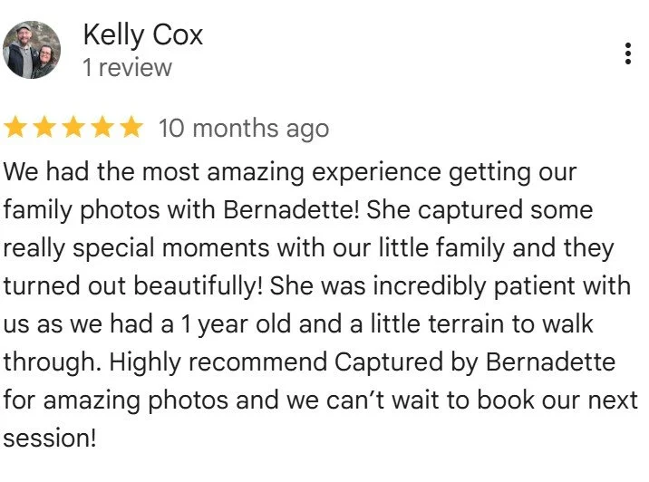 Online review by Kelly Cox praising Bernadette for capturing family photos of her little family, mentioning her patience with a 1-year-old and walking terrain.