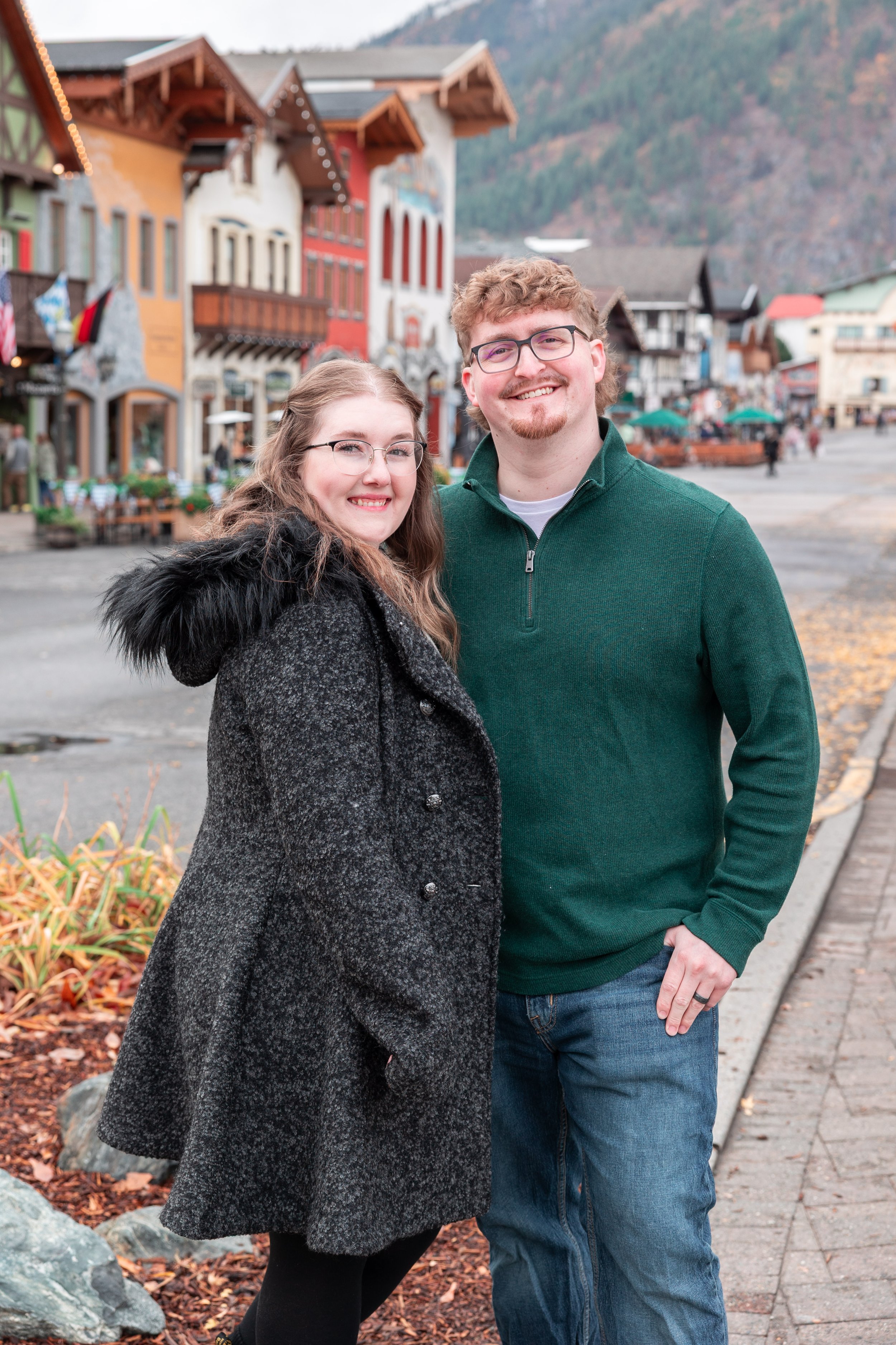 Couple at golden hour in downtown Leavenworth during fall