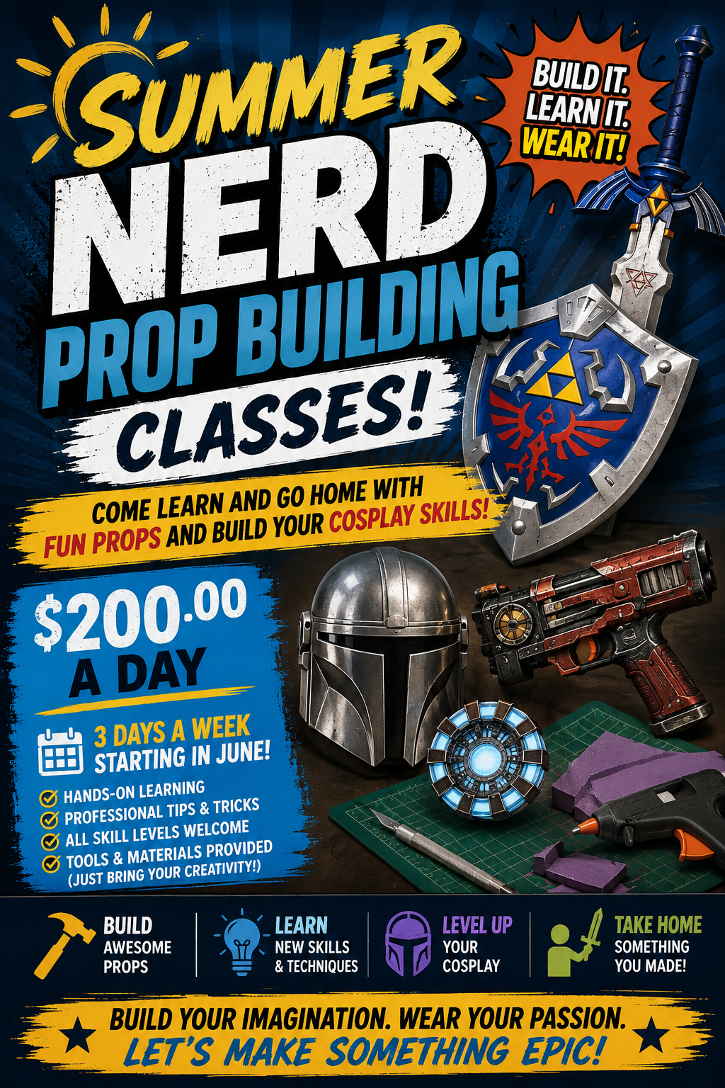 Summer Nerd Prop Building Classes flyer showing cosplay props, tools, and sci-fi builds