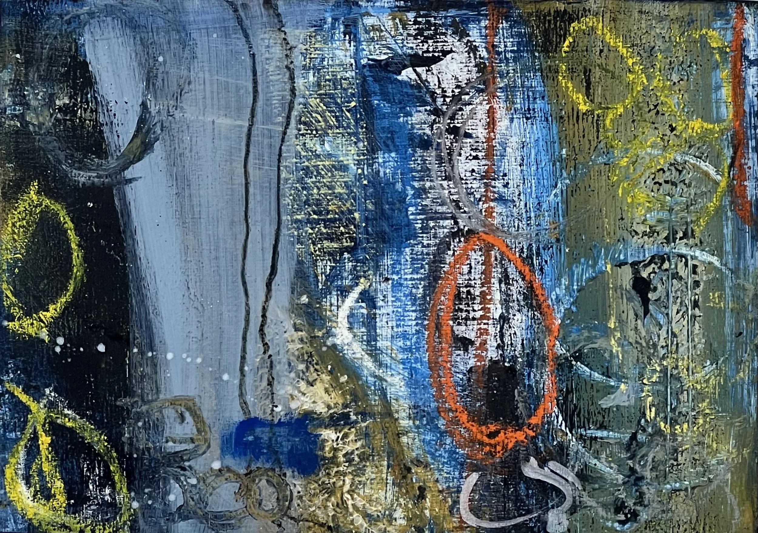 Abstract painting featuring circular shapes in yellow, black, gray, orange, and blue with textured brushstrokes.