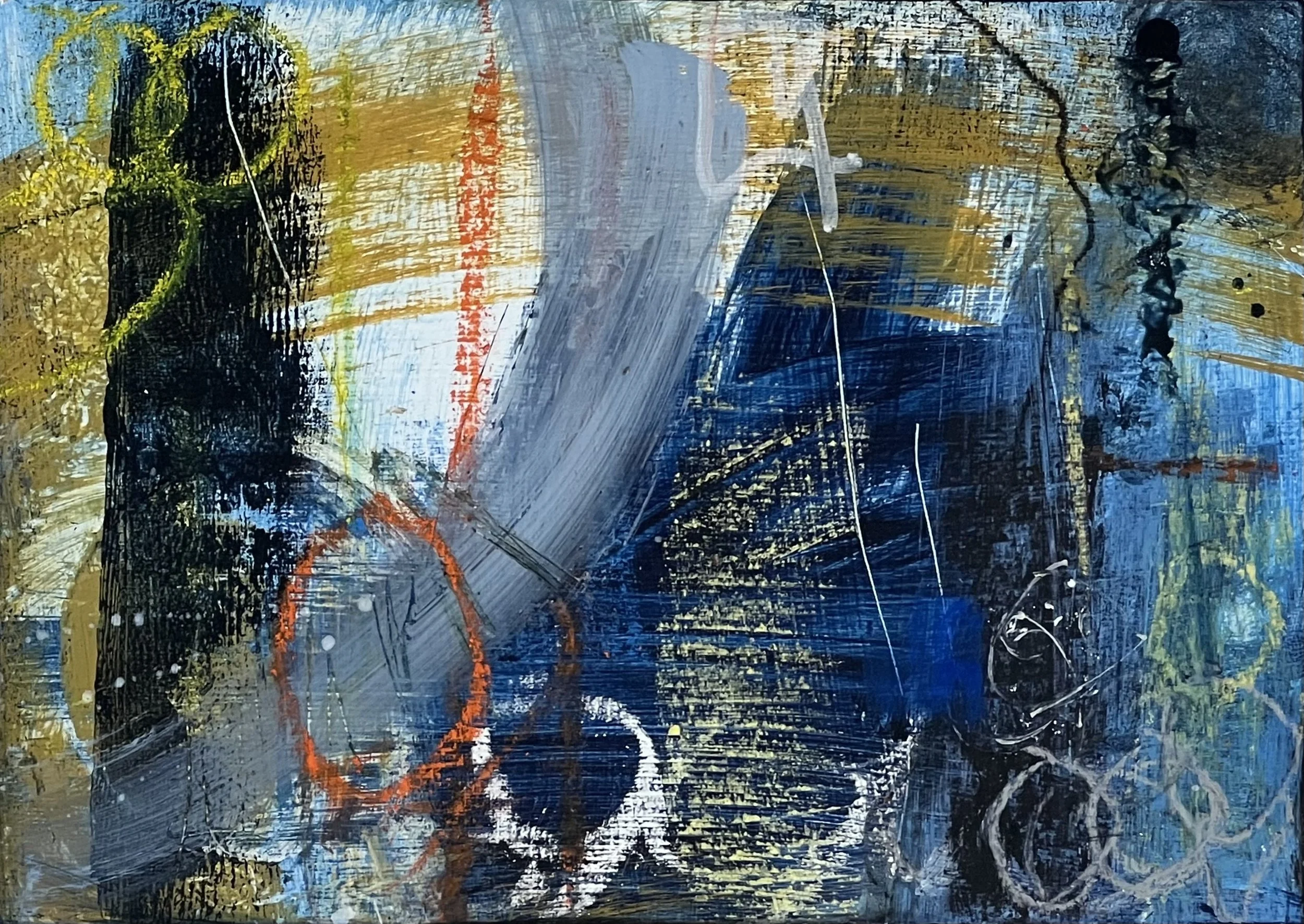 An abstract painting featuring bold strokes of blue, black, gold, white, and red with circular shapes and dynamic lines.