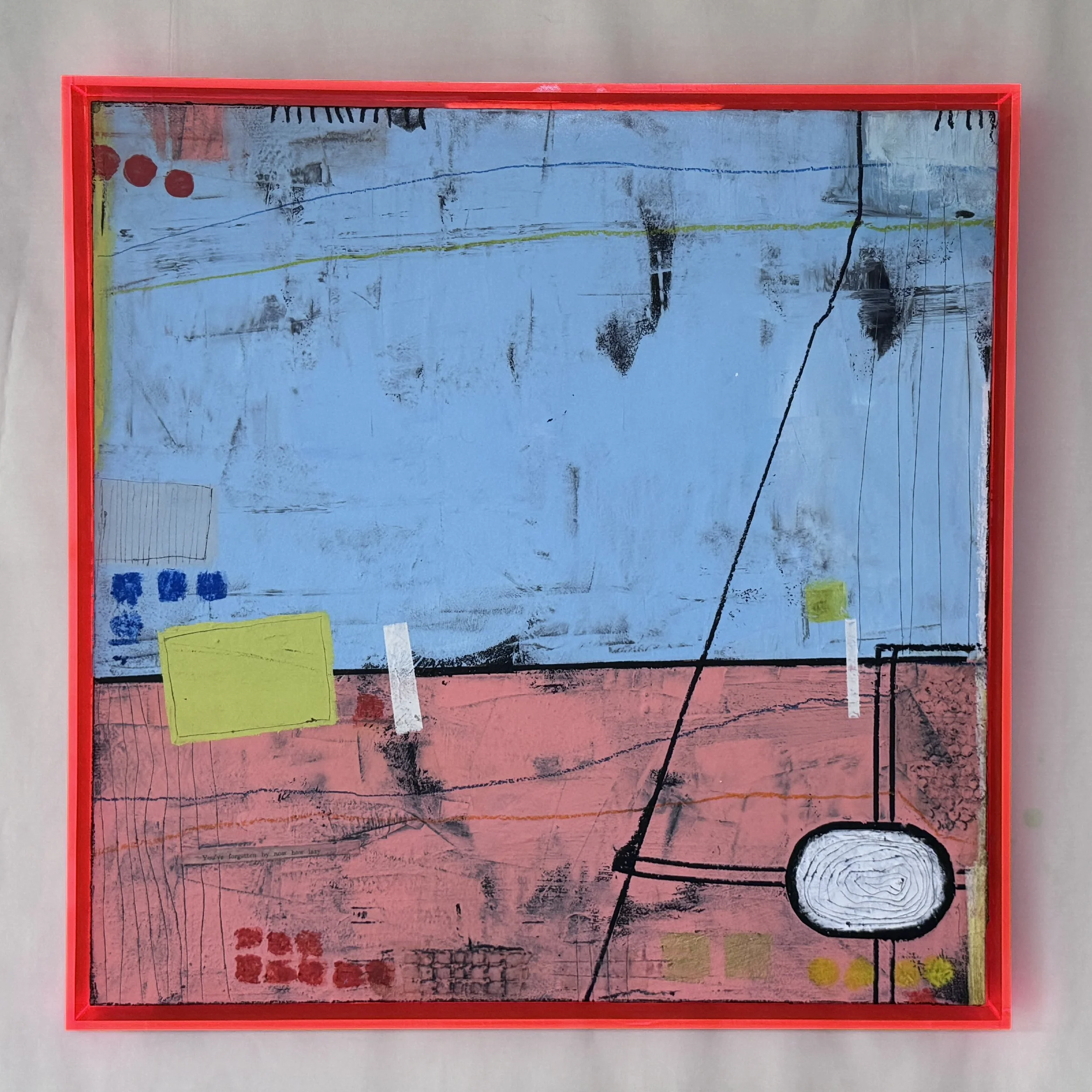 Abstract painting with blue and pink background, black lines, yellow and white geometric shapes, and red accents, framed in a red border.
