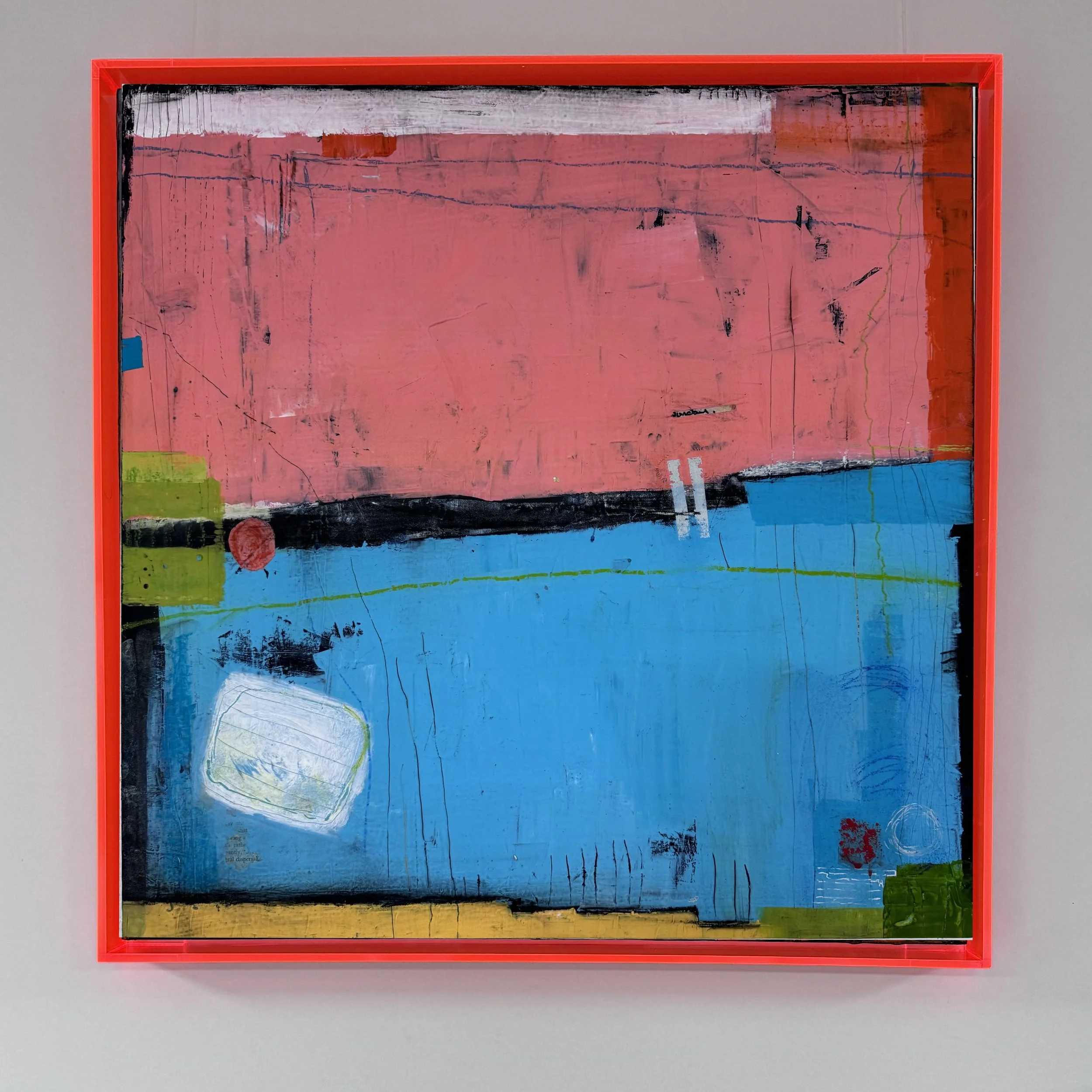 Abstract painting with large pink area on top, blue area below, with black, white, green, and small red and gray accents, framed in red.