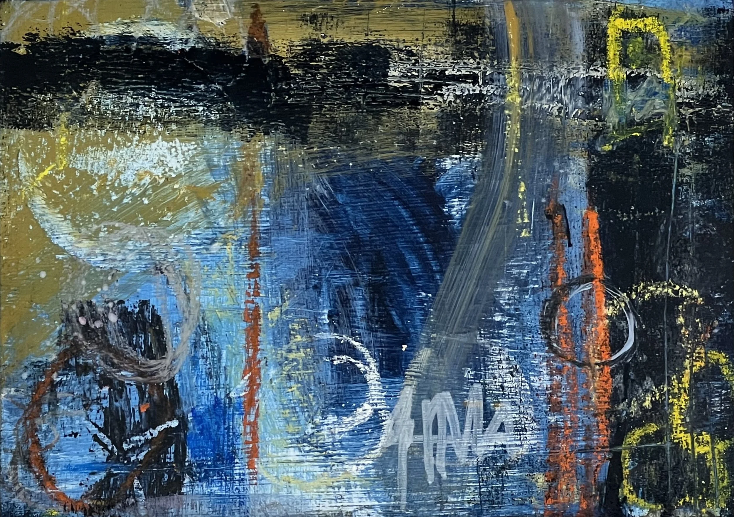 Abstract painting with a dominant black background, streaks of blue, yellow, orange, white, and green, featuring various shapes and textures.