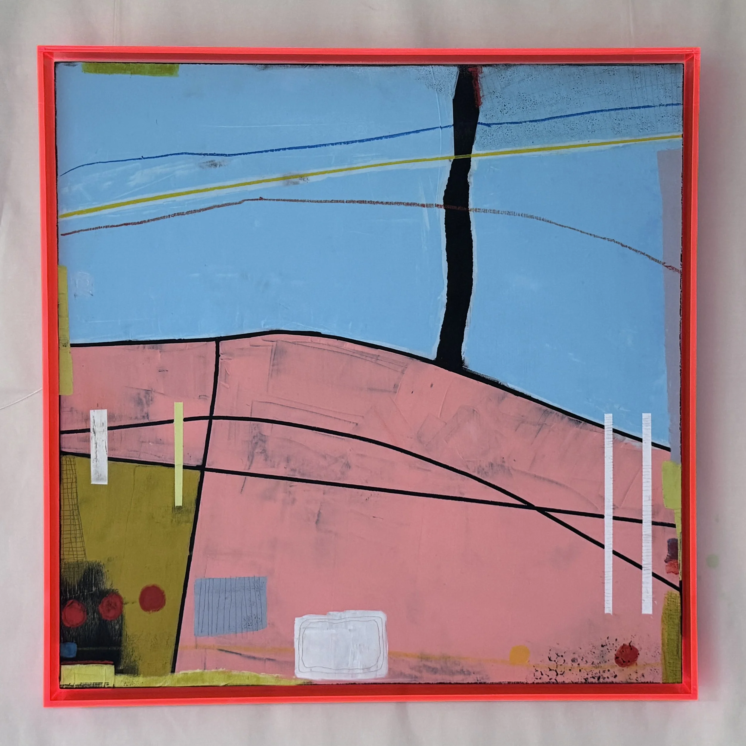 Abstract painting with geometric shapes and bold lines, featuring blue, pink, yellow, black, and red colors, framed in a red border.