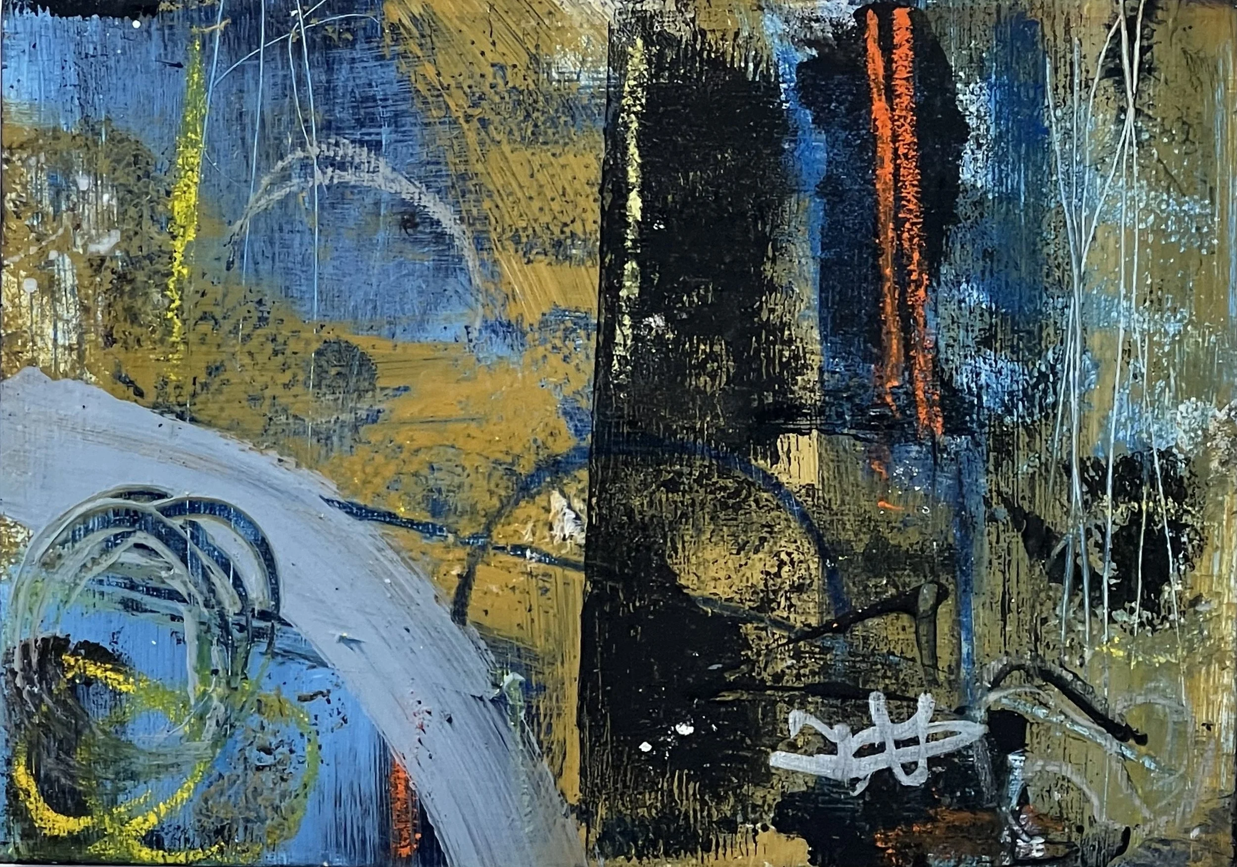 Abstract painting with a mix of colors including black, blue, yellow, orange, white, and green. Features swirling, splattered, and layered brushstrokes with curved lines and drips.