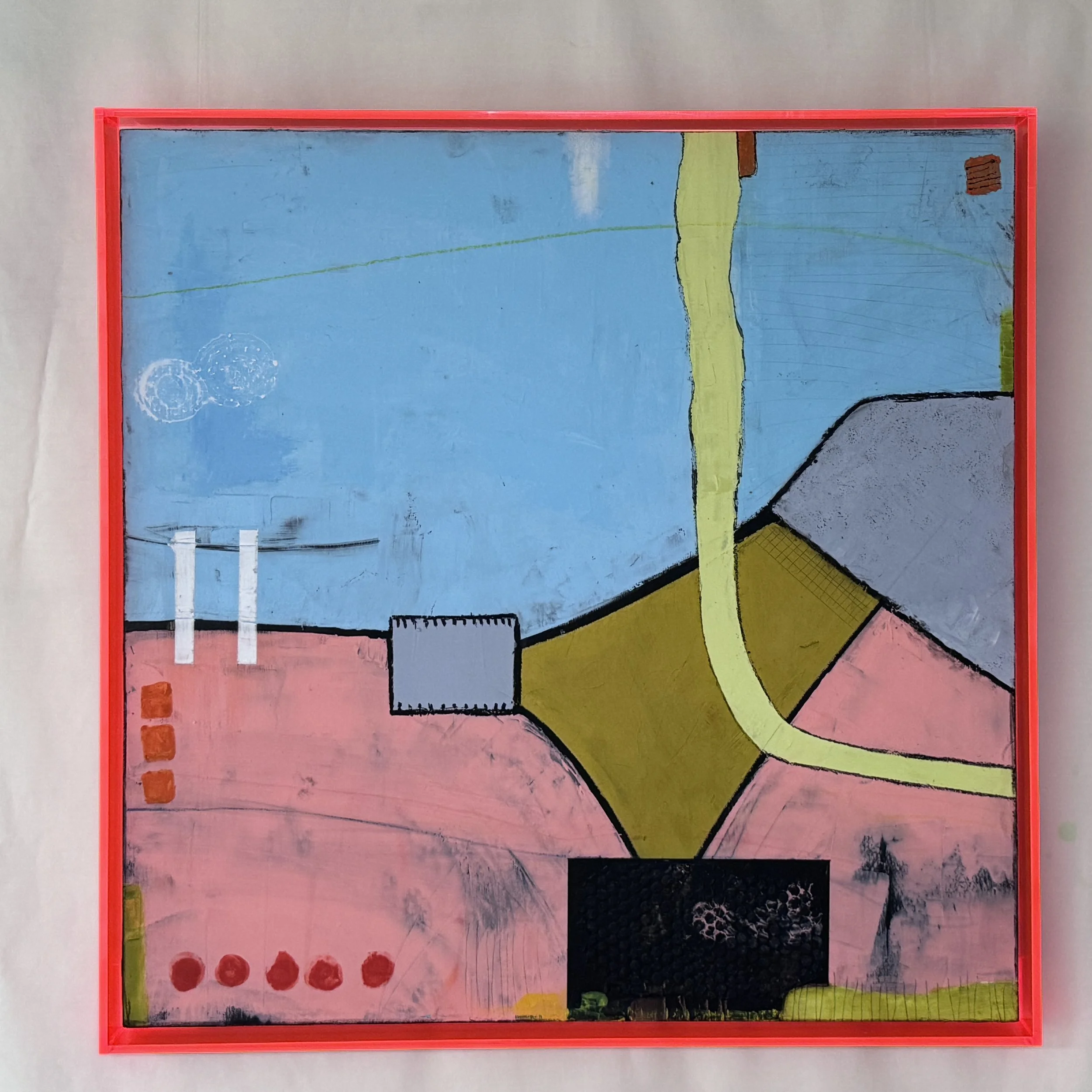 Abstract painting with geometric shapes and bright colors, enclosed in a red frame.