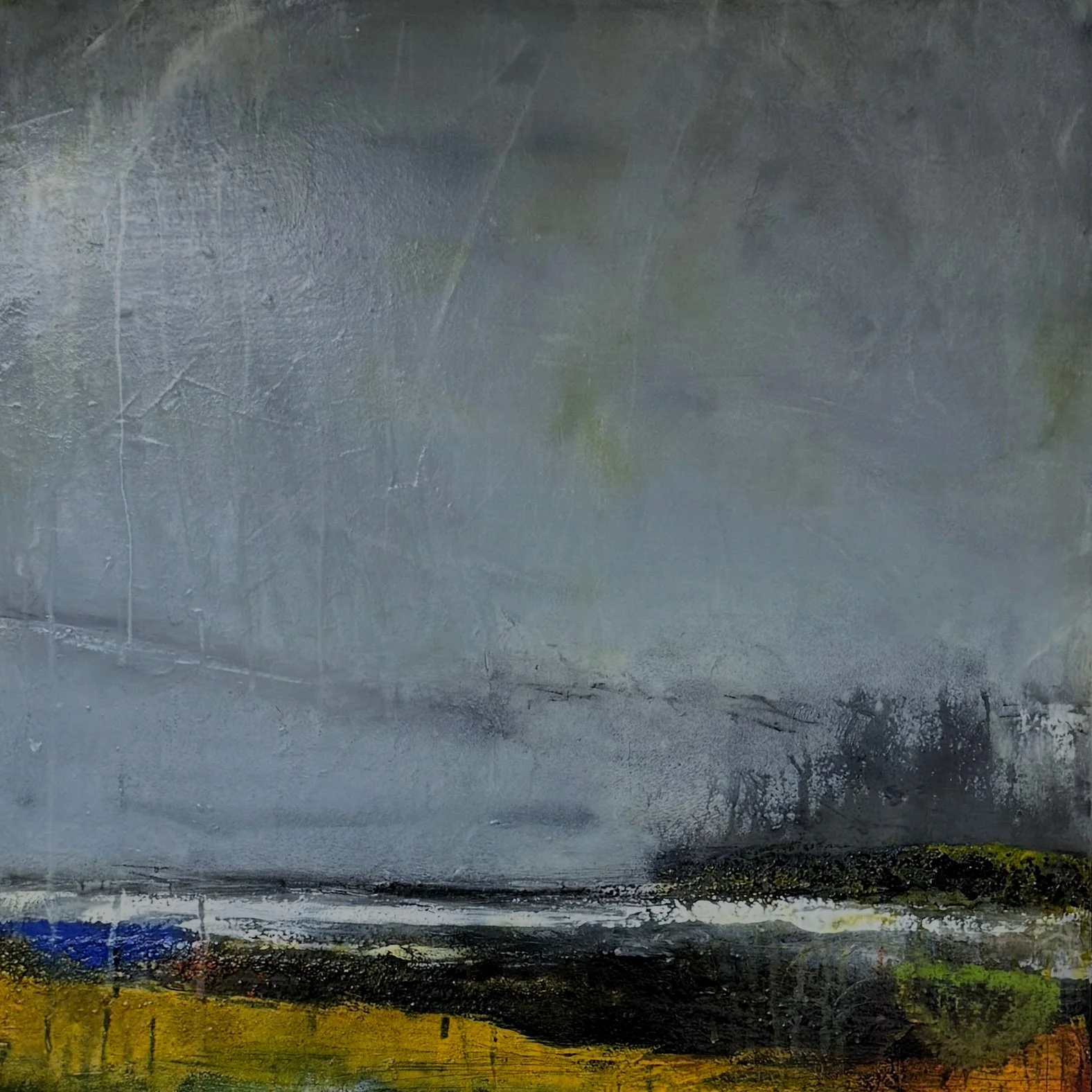 Abstract landscape painting with a dark, moody sky, a strip of green and yellow land, and an area of blue near the horizon.