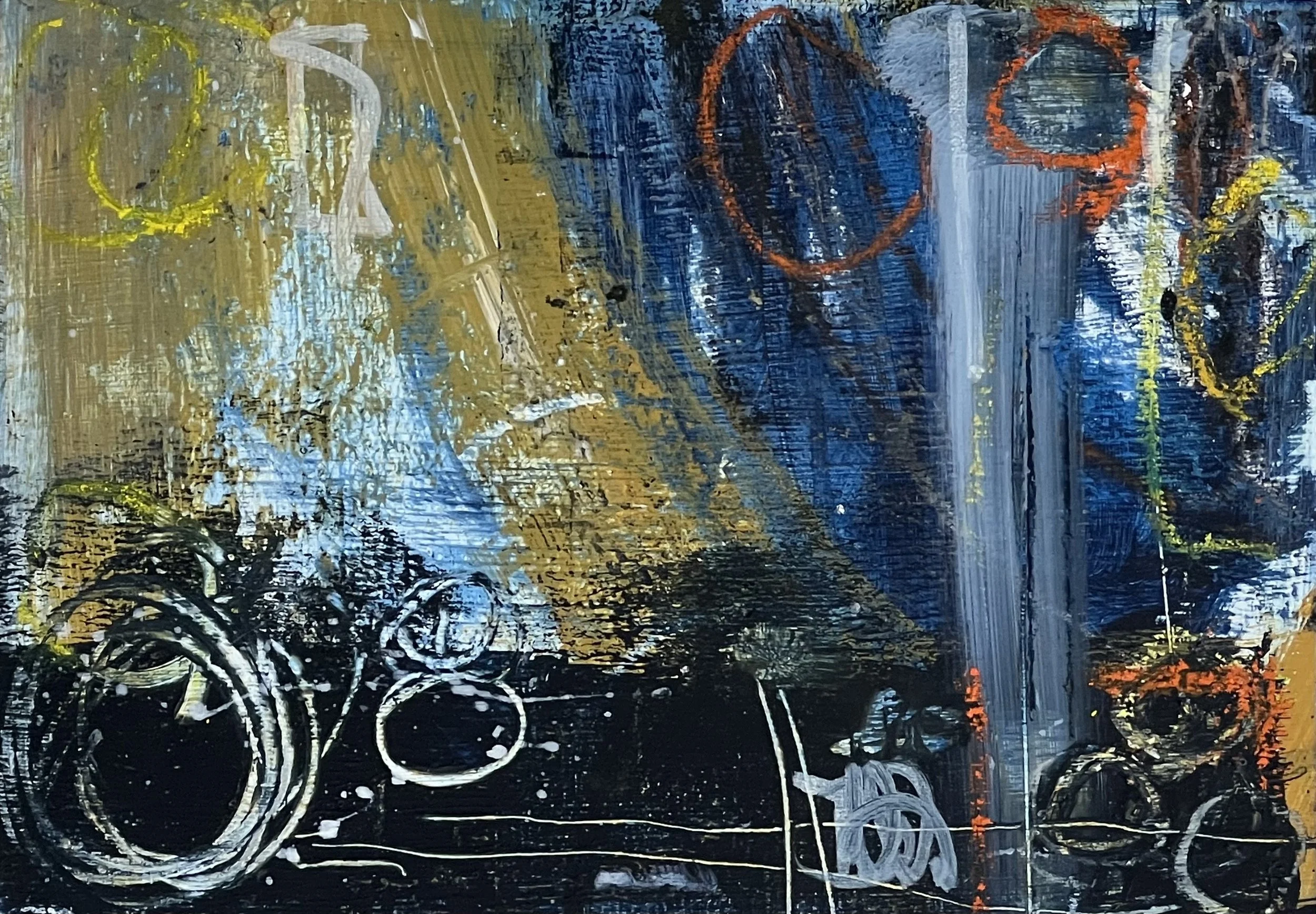 Abstract expressionist painting with bold brushstrokes in yellow, blue, black, orange, and white, featuring circular and linear patterns.