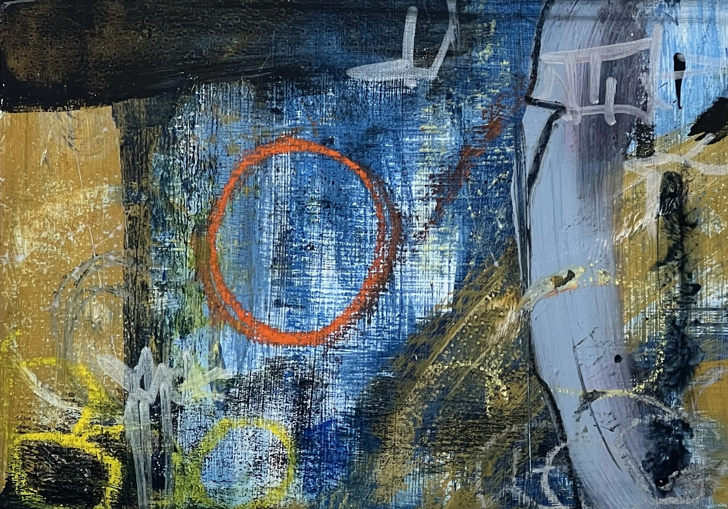 Abstract painting with splashes of blue, black, yellow, white, and orange, featuring a red circle and various geometric and brushstroke patterns.