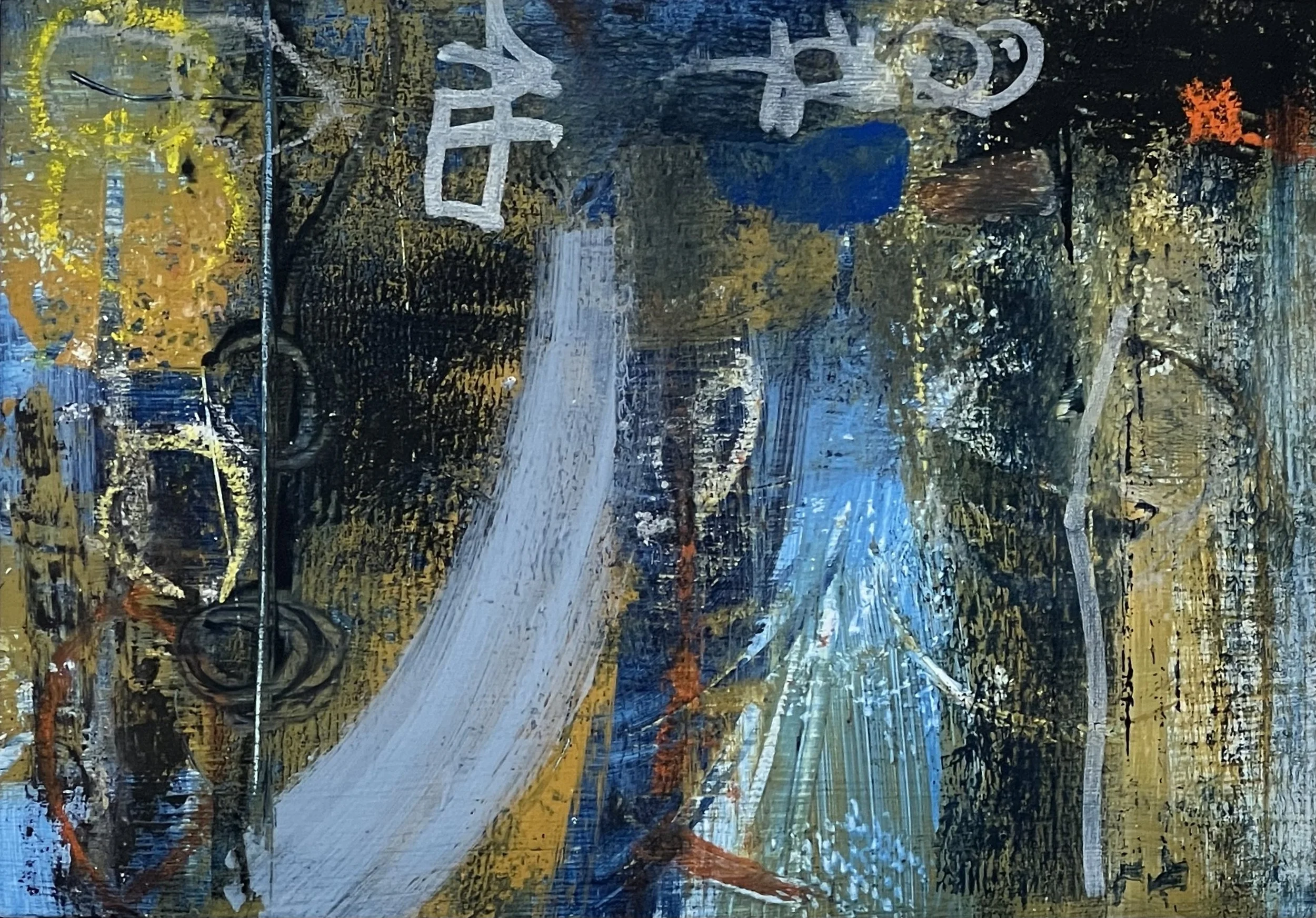 An abstract painting with dark background and vibrant splashes of yellow, blue, white, and orange, featuring some shapes and lines that resemble trees, flowers, and geometric forms.