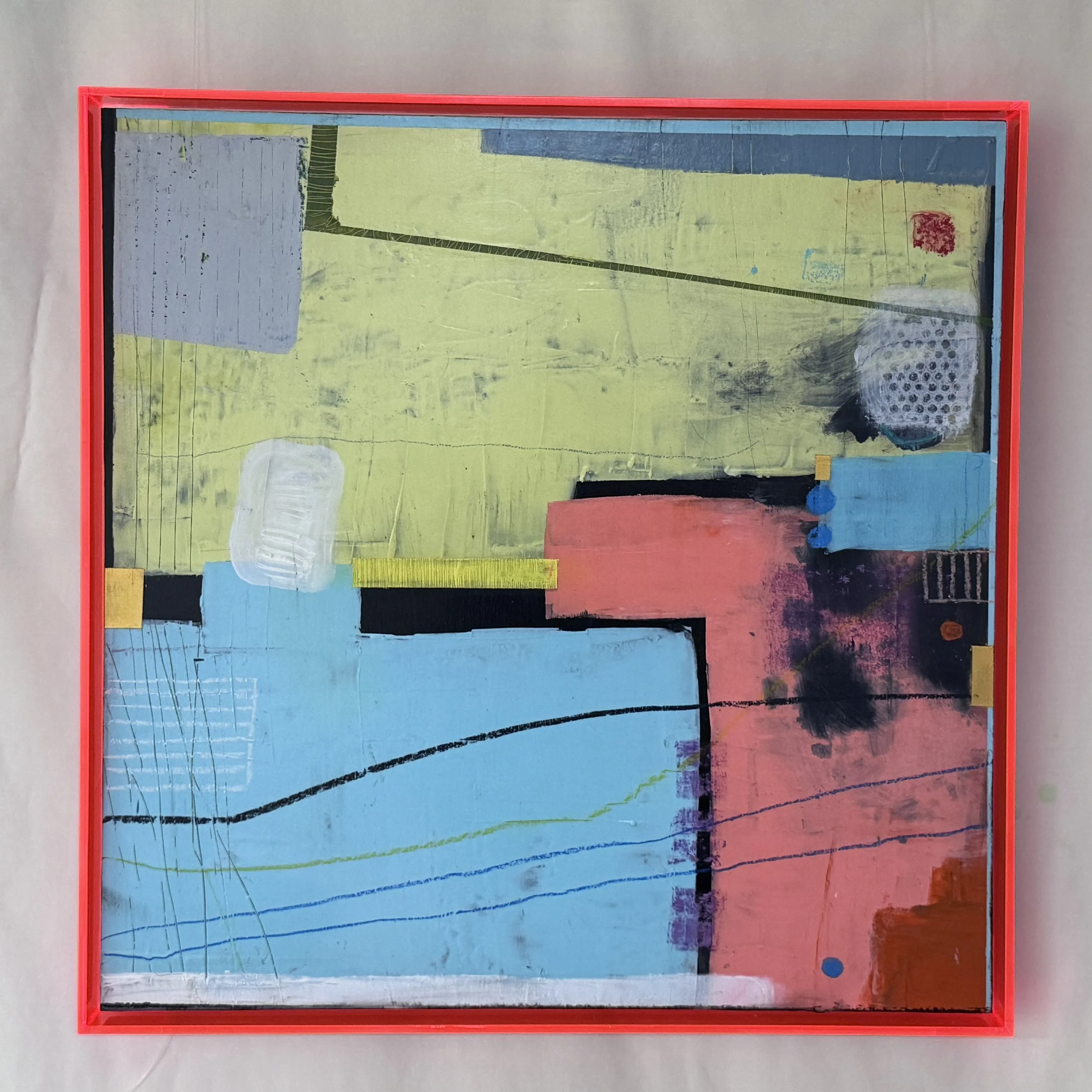 Abstract painting with blocks of pastel yellow, blue, pink, black, with geometric shapes and lines, framed in red.