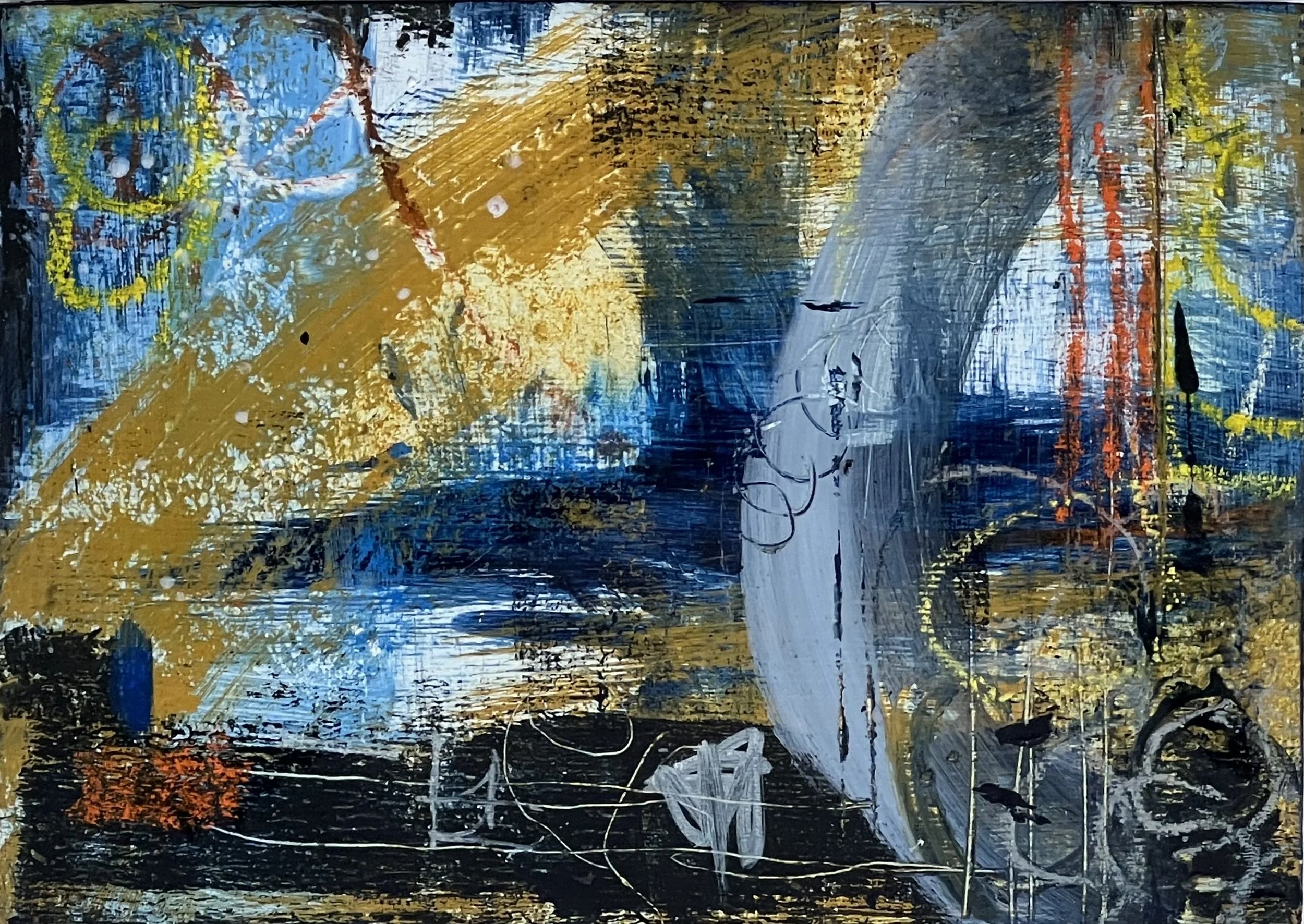 Abstract painting with bold blue, gold, black, white, and red brushstrokes, featuring various textures and lines.