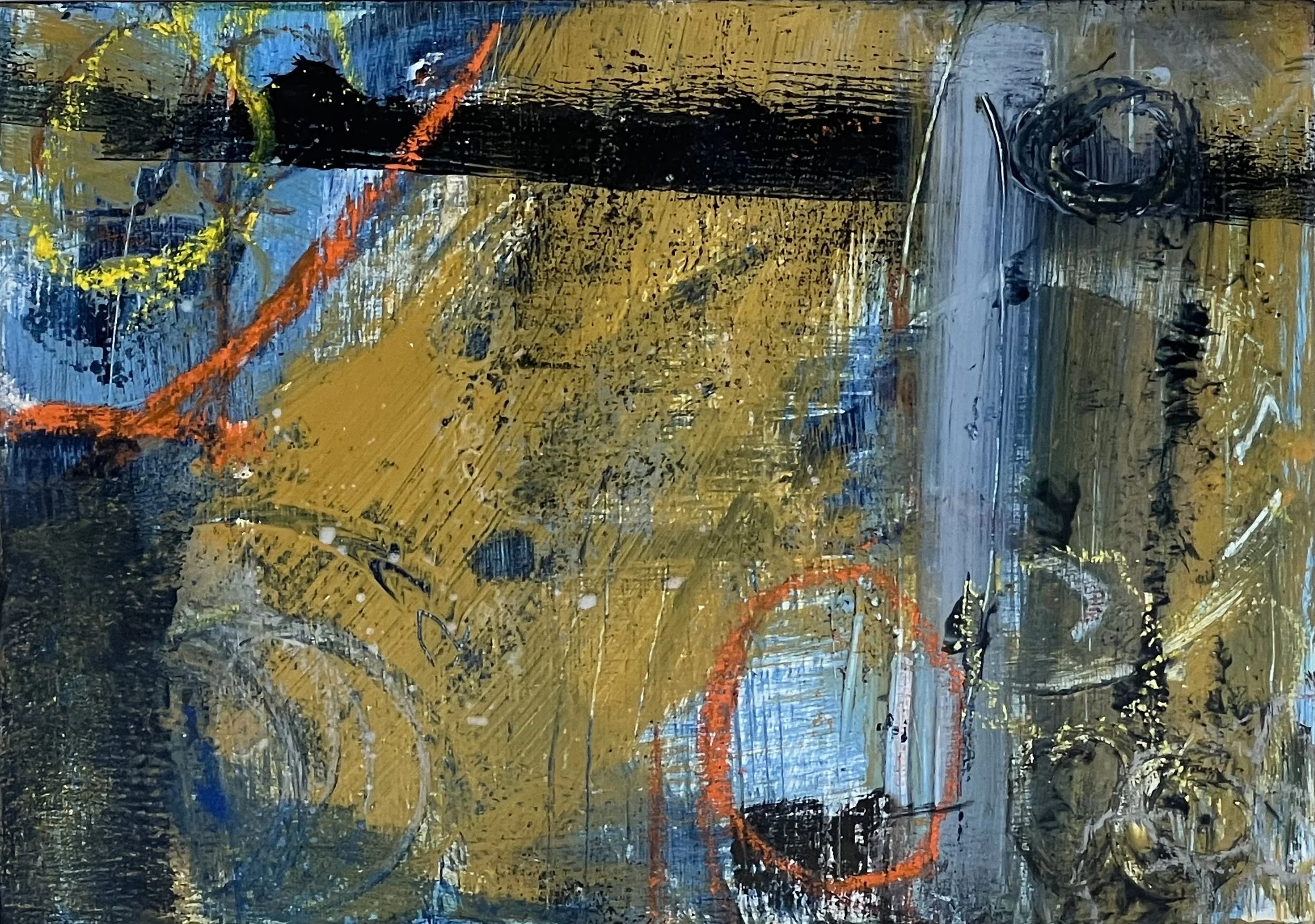 Abstract painting with bold colors including blue, yellow, black, and orange, featuring textured layers, circular shapes, and dynamic brushstrokes.