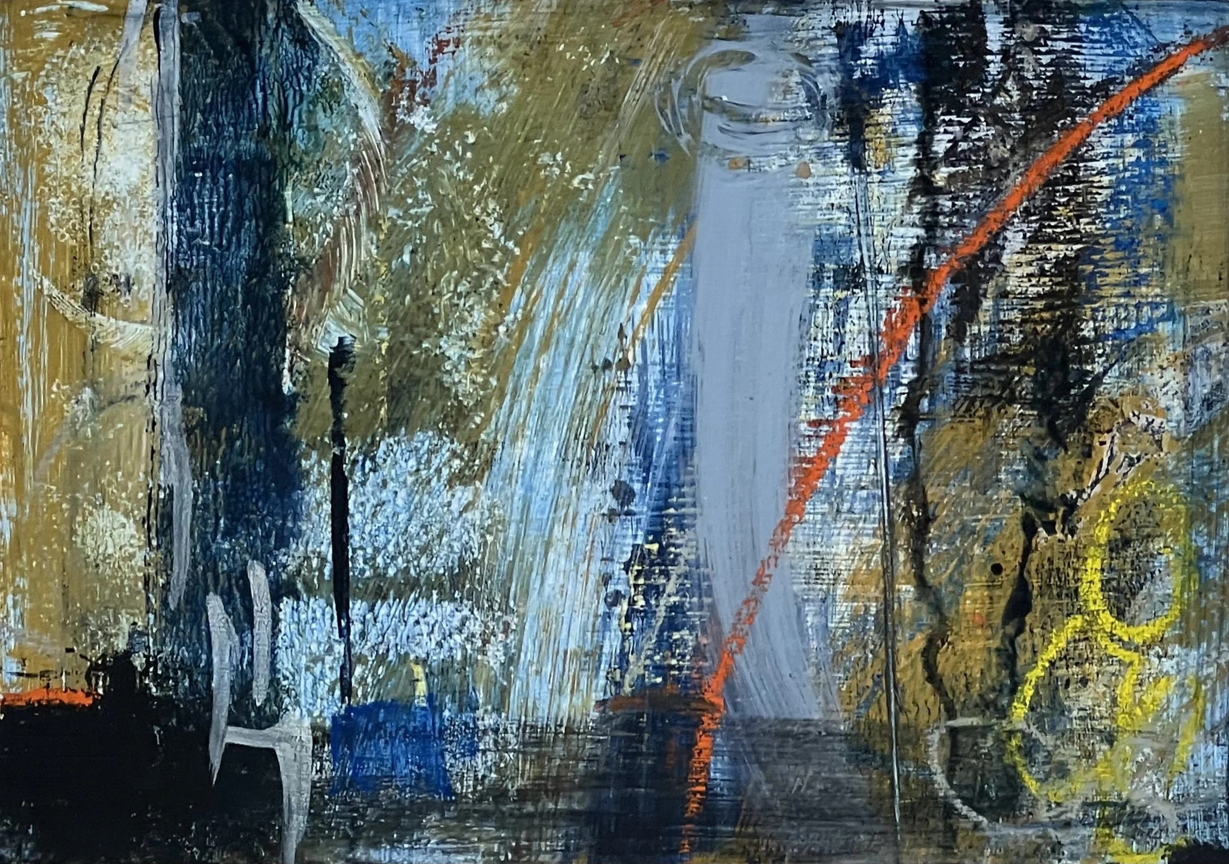 Abstract painting with brushstrokes of yellow, blue, black, white, and orange, featuring a prominent orange diagonal line and yellow circle with a figure outline.