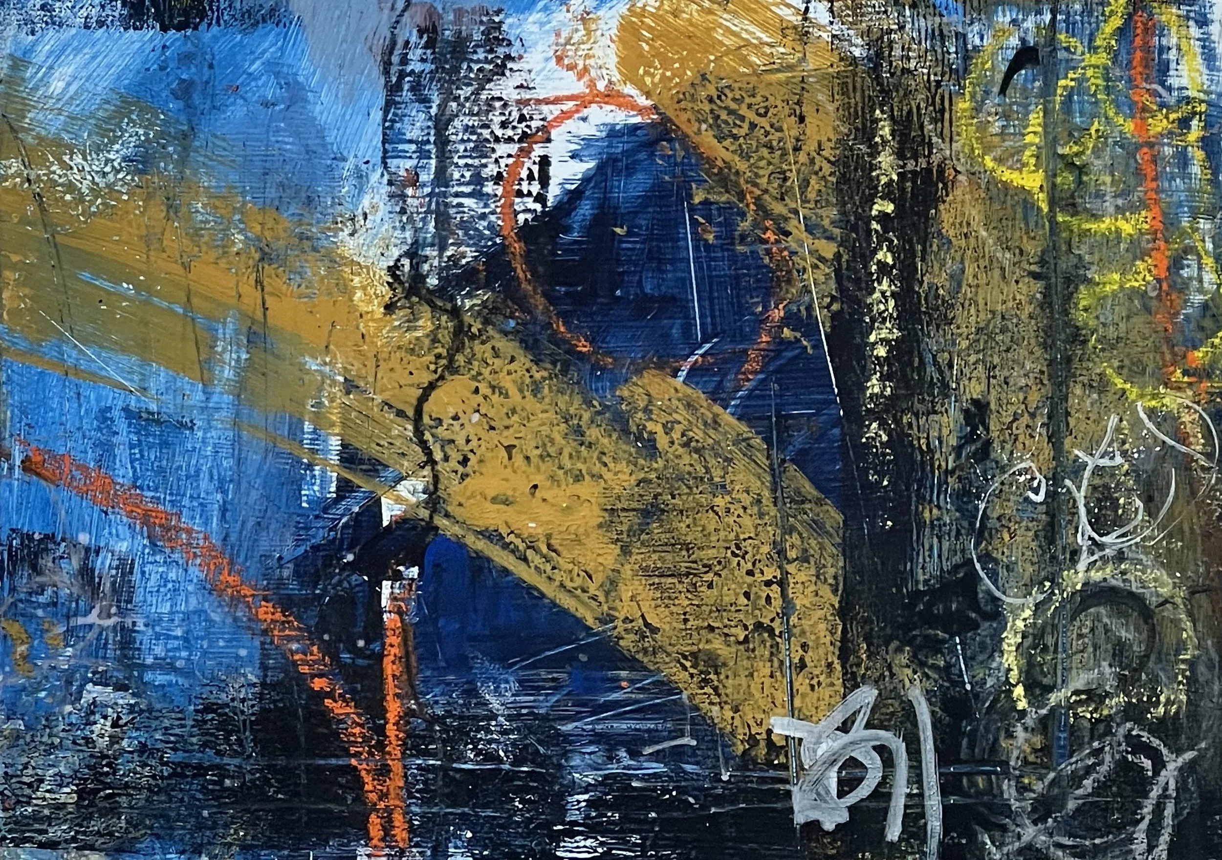 Abstract painting with bold yellow, blue, black, and orange brushstrokes and shapes.