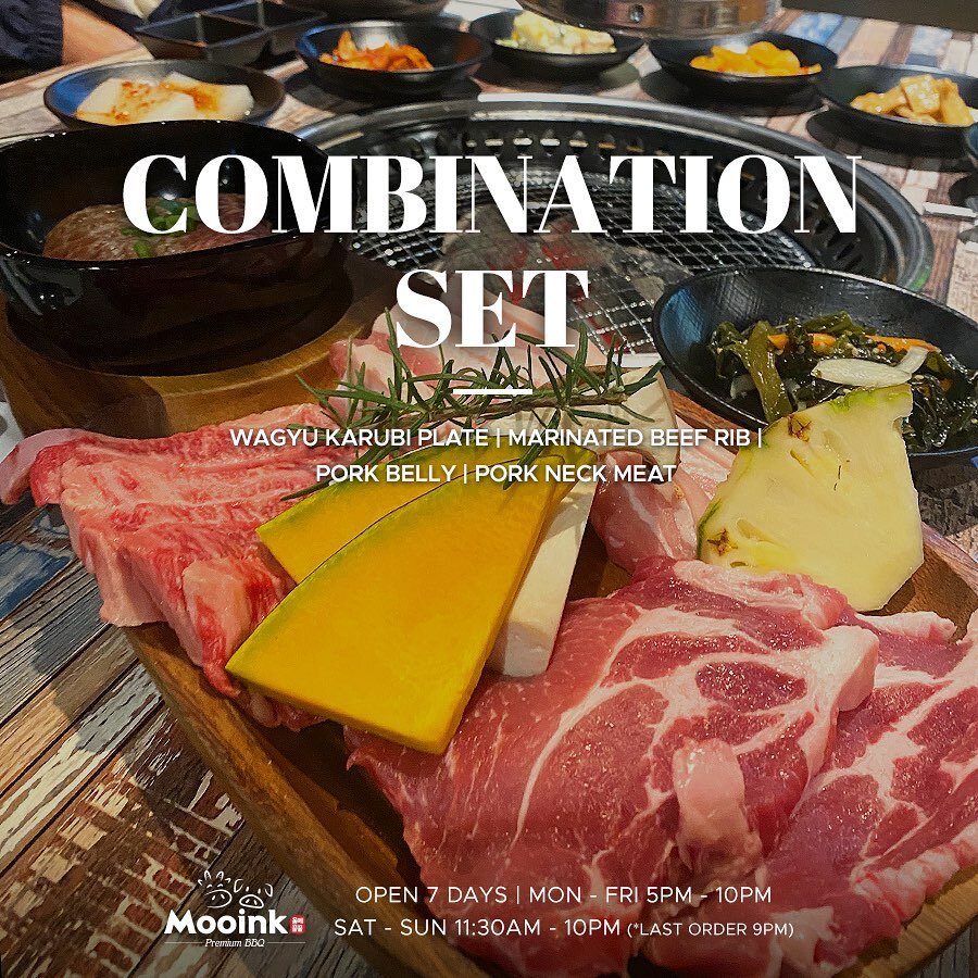 Want to try both our 
wagyu and pork but can't decide?🤤

Try our Combination Set (2-3ppl)💛
Wagyu Karubi Plate 
Marinated Beef Rib 
Pork Belly
Pork Neck Meat

Enjoy more variety!👌
Visit mooink!🙌

🥩Mooink Premium BBQ🥩

👉Open 7 days | MON - FRI 5