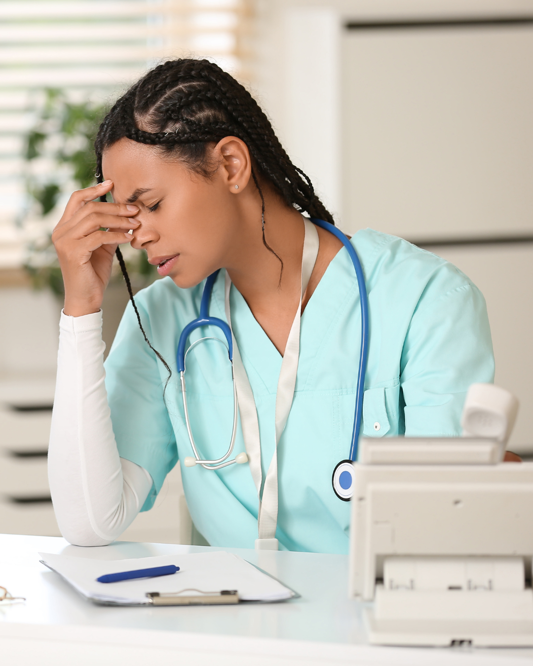 medical professional overwhelmed seeking online therapy