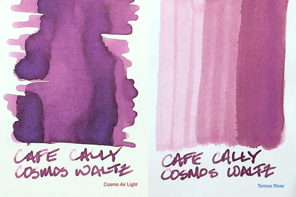Cafe Cally Cosmos Waltz fountain pen ink swatches on Cosmo Air Light and Tomoe River Papers