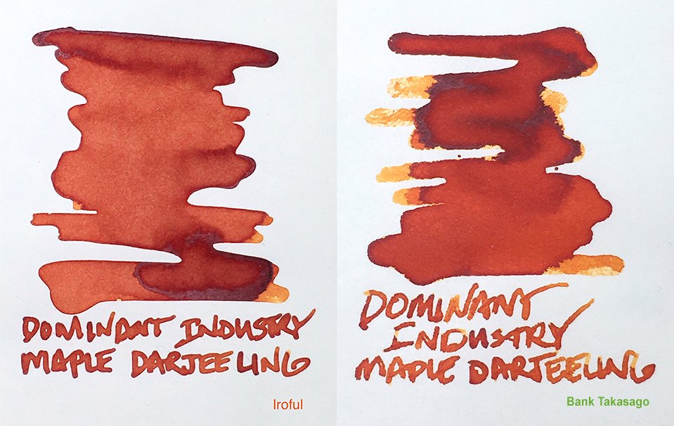 Dominant Industry Maple Darjeeling fountain pen ink swatches on Iroful and Takasago Bank papers