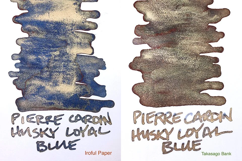 Pierre Cardin Husky Loyal Blue swatches on Iroful and Takasago Bank papers