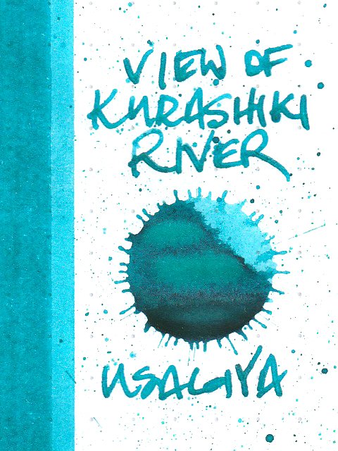 An ink splash image for an ink review of A View of the Kurashiki River fountain pen ink from Usagiya.