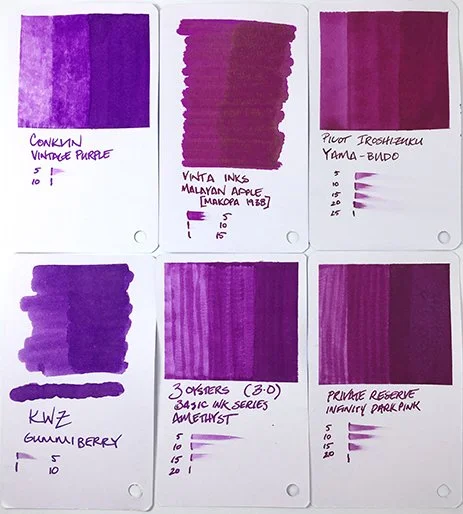 3 Oysters Amethyst fountain pen ink swatch comparisons