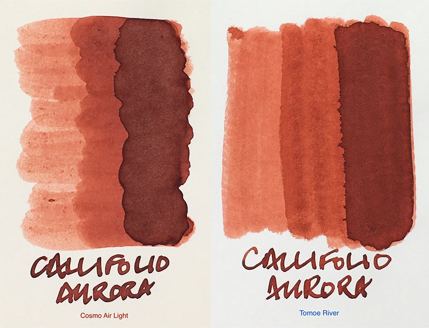 Callifolio Aurora fountain pen ink on Cosmo Air Light and Tomoe River papers