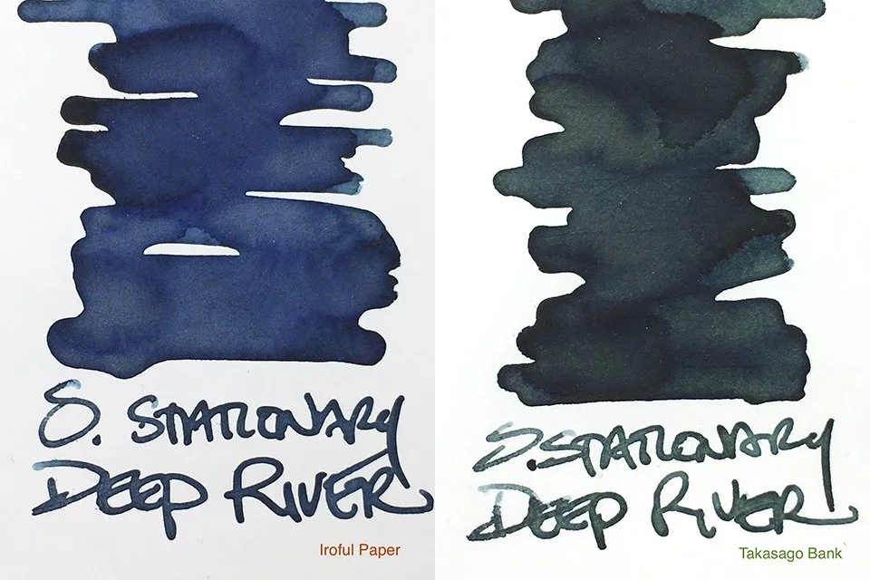 Shanghai Stationary Deep River fountain pen ink swatches on Iroful and Takasago Bank papers