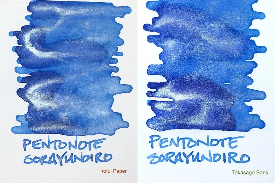 Pentonote Sorayunoiro ink swatches on iroful and bank papers