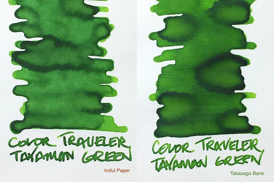 Color Traveler Tayaman Green fountain pen ink swatches on Iroful and Takasago Bank papers