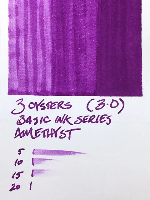 3 Oysters Amethyst fountain pen ink swatch card