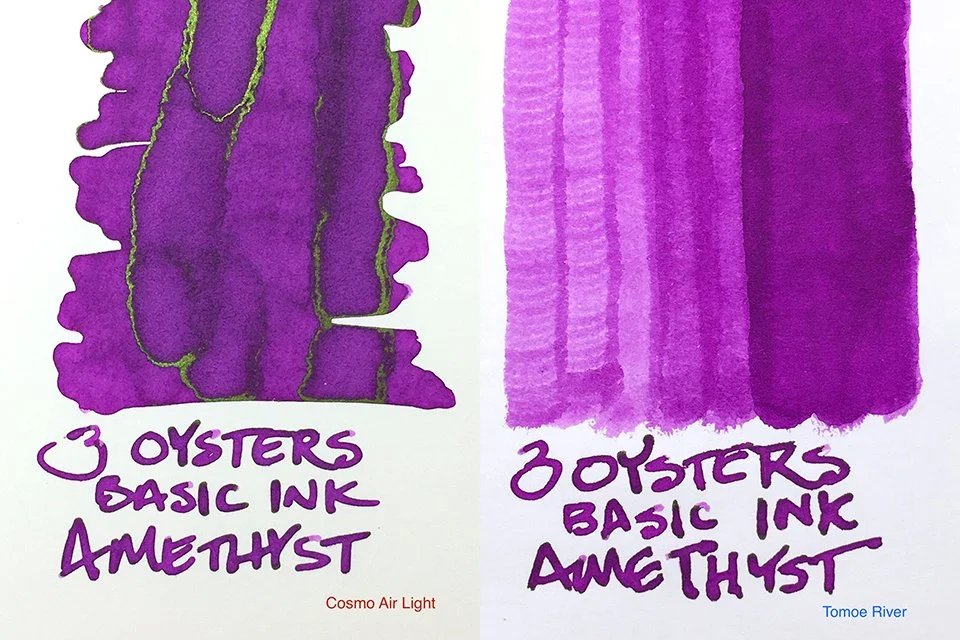 3 Oysters Amethyst fountain pen ink on Cosmo Air Light and Tomoe River papers