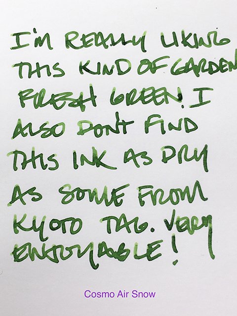 Kyo No Oto Moegiiro fountain pen ink writing sample on Cosmo Air Snow