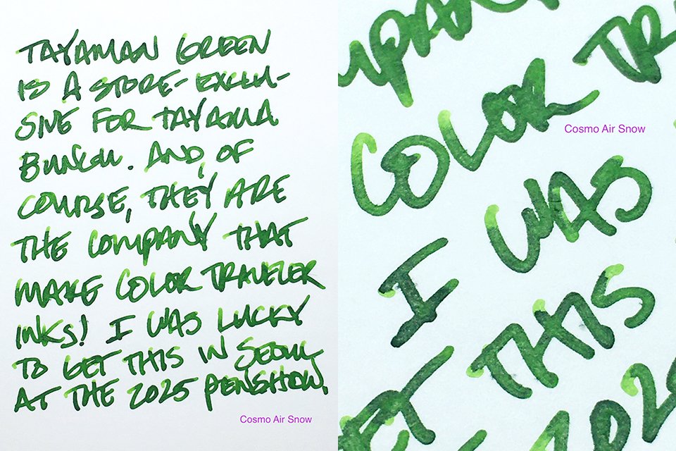 Color Traveler Tayaman Green fountain pen ink writing sample