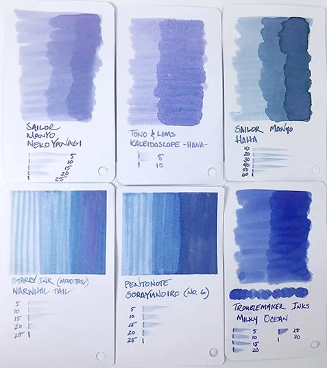 Pentonote Sorayunoiro fountain pen ink swatch card comparisons