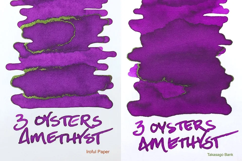 3 Oysters Amethyst fountain pen ink on Iroful and Takasago Bank papers