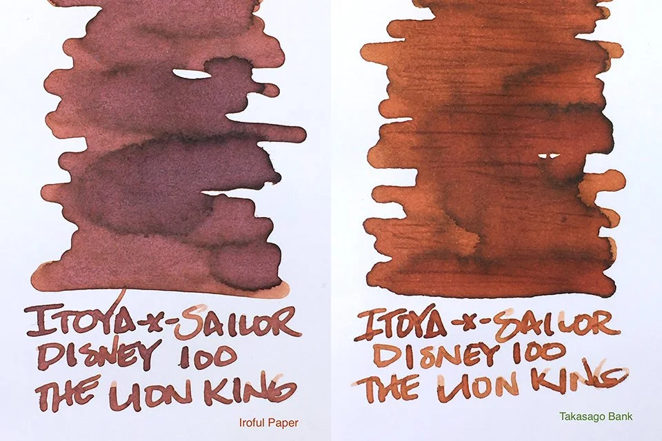 Itoya x Sailor The Lion King fountain pen ink swatches on Iroful and Takasago Bank papers