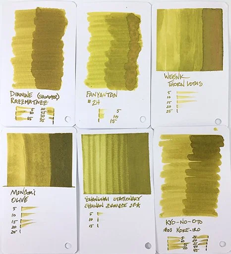 Shanghai Stationary Shunan Bamboe Sea fountain pen ink swatch card comparisons