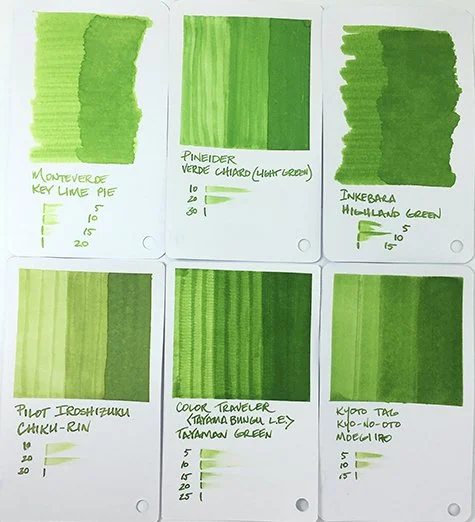 Color Traveler Tayaman Green fountain pen ink swatch card comparisons