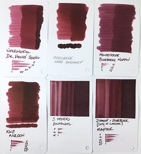 3 Oysters Zinfandel fountain pen ink swatch comparisons